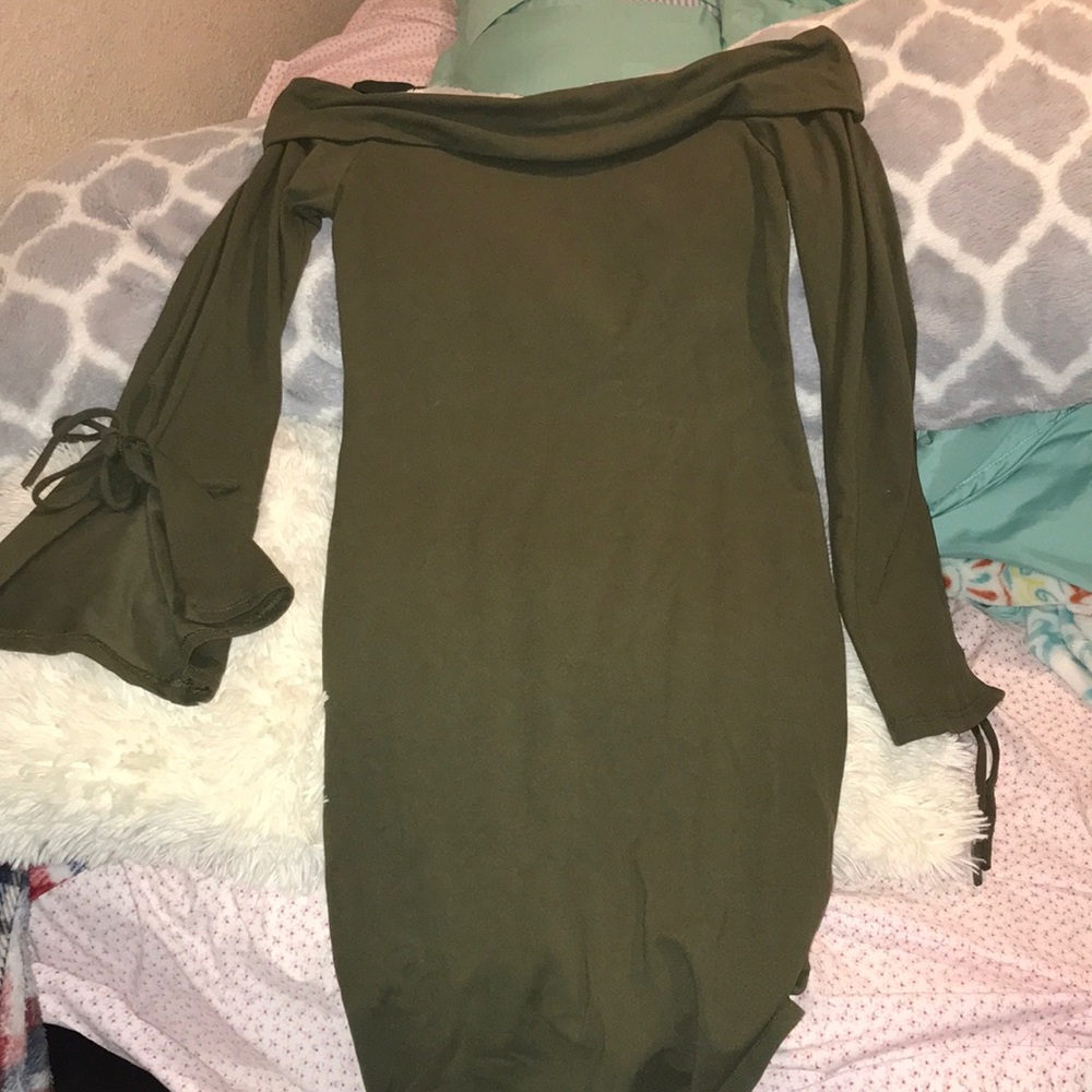 olive green off the should body tight dress